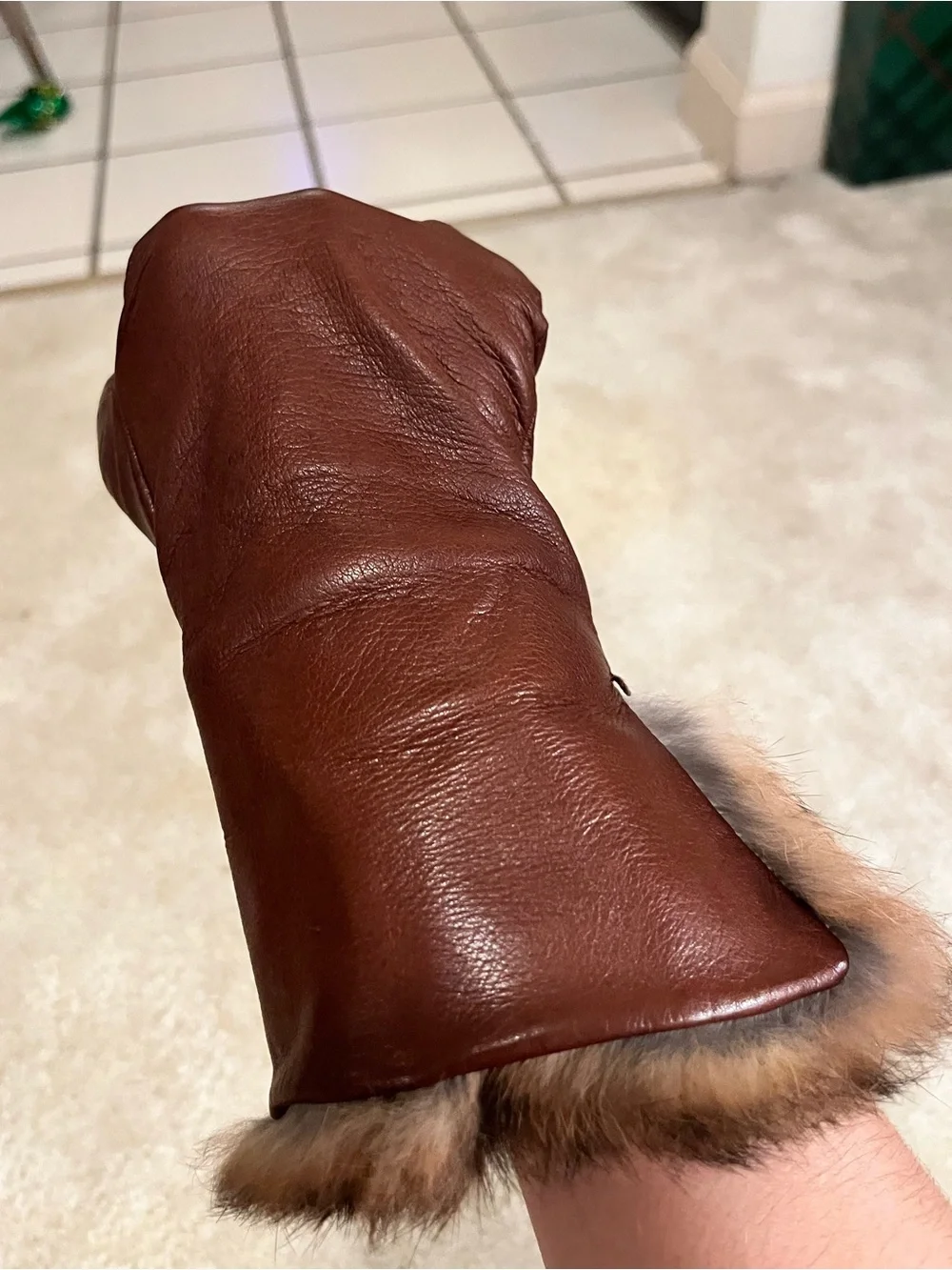 Vintage Brown Leather Gloves with Fur Trim - Women